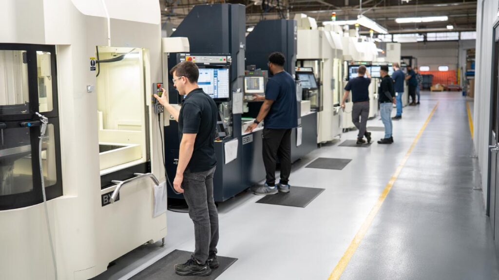 Burke Aerospace team members working together at a CNC machine on the manufacturing floor.